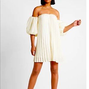 White Pleated Puff Sleeve Dress